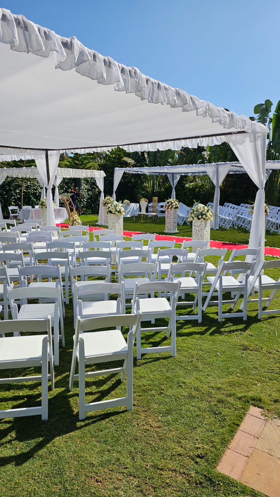 Sunlit garden ceremony with white canopies, folding chairs and a red carpet aisle