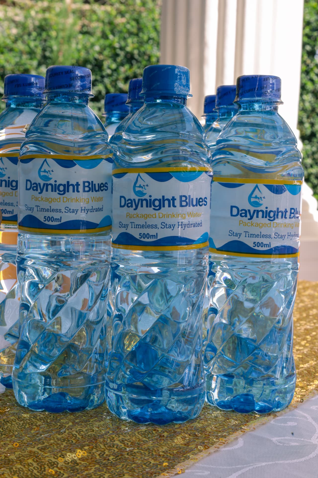 Daynight Blues 500ml packaged drinking water bottles lined up on a gold table runner in the gardens